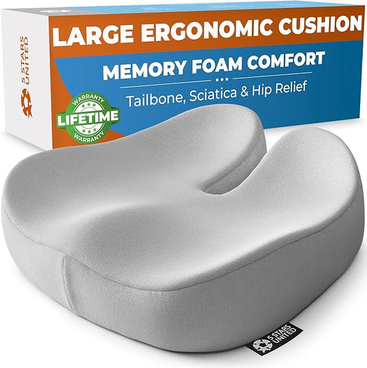 5 STARS UNITED Seat Cushion for Tailbone Pain Relief – Large Memory Foam Lifting Pillow for Coccyx, Hip, Sciatica & Post-Surgery Recovery – Wheelchair, Car, Desk, Gaming & Office Chairs, Light Gray-DeskLoop Office