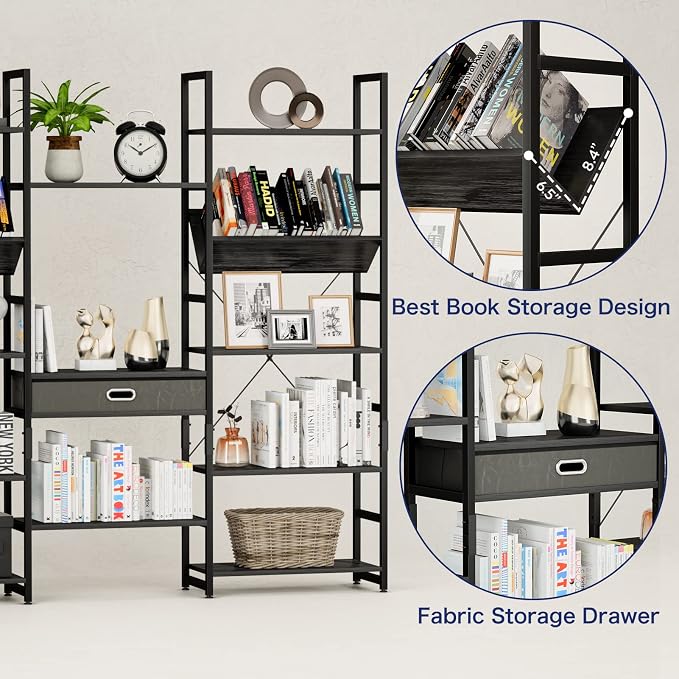 NUMENN Triple Wide 5 Tier Bookshelf, Adjustable Rustic Industrial Style Book - Image 6