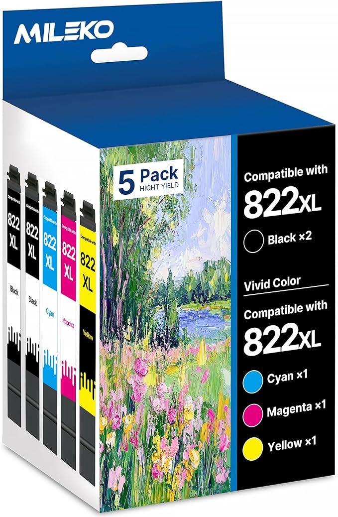 822XL Ink Cartridges Remanufactured Replacement for Epson 822XL Ink Cartridges for Epson 822 822 XL T822 for Epson WF-3820 Printer Workforce Pro WF-4820 WF-4830 WF-4833 WF-3823 Printer（5 Pack, 822XL）-DeskLoop Office