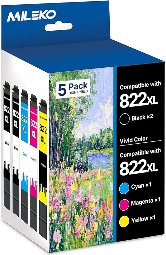 822XL Ink Cartridges Remanufactured Replacement for Epson 822XL Ink Cartridges for Epson 822 822 XL T822 for Epson WF-3820 Printer Workforce Pro WF-4820 WF-4830 WF-4833 WF-3823 Printer（5 Pack, 822XL）-DeskLoop Office
