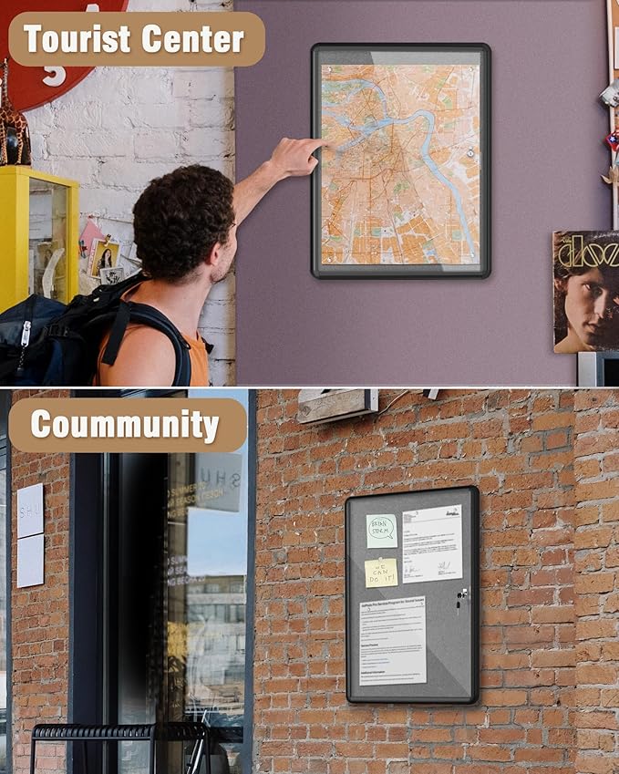 26"x20" Enclosed Bulletin Board, Lockable Weather-Resistant Aluminum Cork Noticeboard for School & Office, Black Frame w/Grey Flet-DeskLoop Office