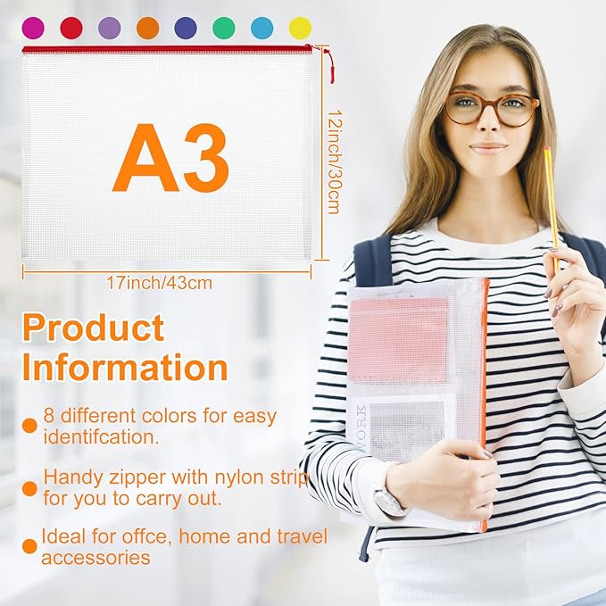 20pcs A3 17x12 Inches Extra Large Zipper Bags, Reusable Mesh Pouches for Office Supplies, Classroom Organization-DeskLoop Office
