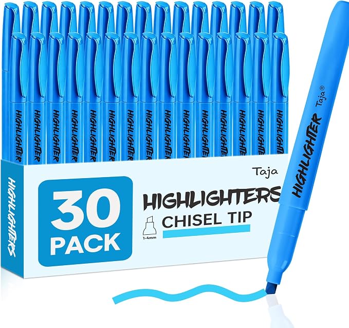 Taja 30 Pack Highlighters Blue, Chisel Tip Markers by Taja