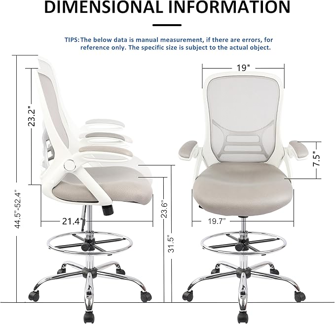 HYLONE Drafting Chair, Tall Office Chair Standing Desk Stool with Adjustable Foot Ring, Flip-Up Arms, Mesh High-Back Drafting Table Chair, White & Grey-DeskLoop Office