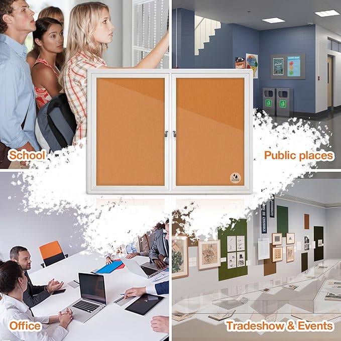 Lockable Outdoor Enclosed Bulletin Board, Weatherproof Cork Noticeboard with Locking Door, Wall-Mounted Aluminum Framed Display Case for Messages,36x24in (5xA4) (Silver Frame & Cork, 44x32 in)-DeskLoop Office