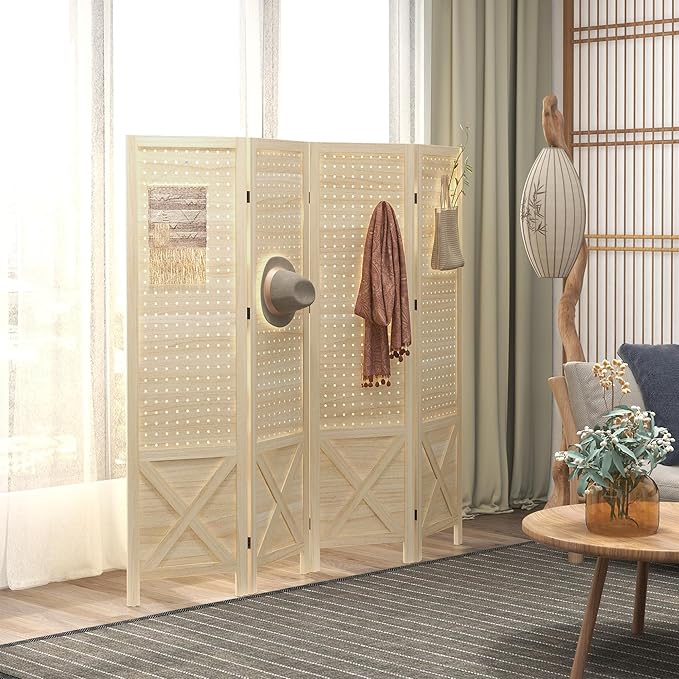 NicBex Room Divider 4 Panel Room Dividers with Pegboard Design Partition Room Dividers and Folding Privacy Screens 4.7 FT Wall Divider for Home, Office, Room Separation,59.75"W x 0.75"D x 57"H,Natural-DeskLoop Office