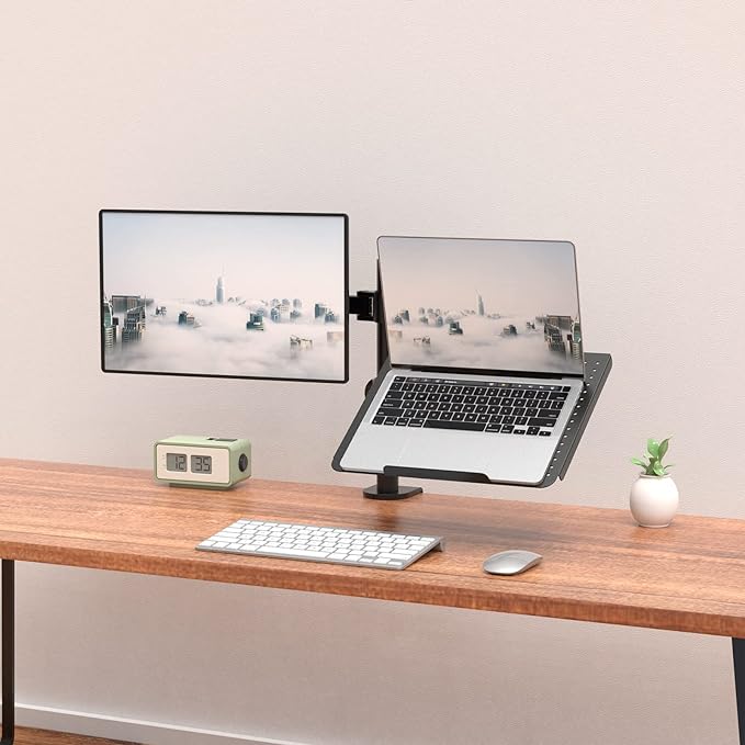 WALI Laptop and Monitor Stand, Fully Adjustable Monitor Mount and Laptop Tray for 1 Notebook up to 17 inch and 1 Screen up to 27 inch, 22 lbs, Weight Capacity (M001LP), Black-DeskLoop Office