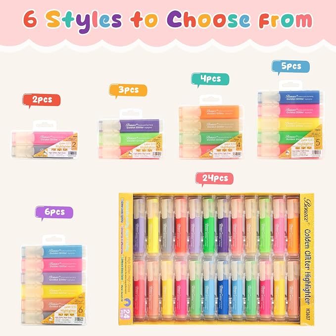 24 Glitter Highlighters, Metallic Chisel Tip Marker Pens | Pastel & Fluorescent - Image 9