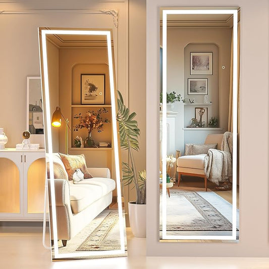 Hasipu Full Length Mirror with Lights, 56" x 15.8" LED Floor Mirror, Full Body Dressing Standing, Hanging Mounted Mirror for Living Room Bedroom Cloakroom, Square White-DeskLoop Office