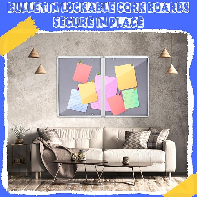 Enclosed Bulletin Board 48" x 36" Weather Resistant Lockable Notice Cork Display Board Wall Mounted 2 Locking Door for School Classroom Commercial Back to School, 12 x A4(Gray, Silver Frame)-DeskLoop Office