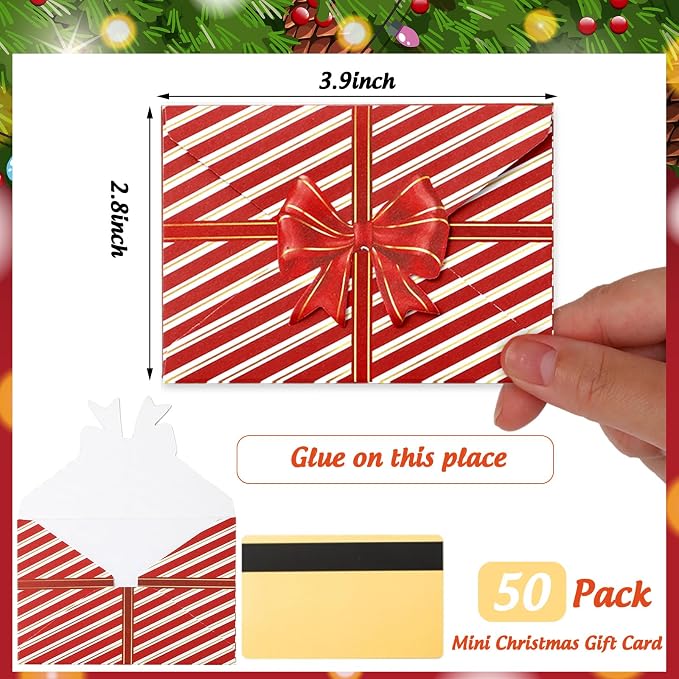 JarThenaAMCS 50Pcs Christmas Paper Gift Card Envelopes Bulk Red Bow Stripe Mini - Image 2