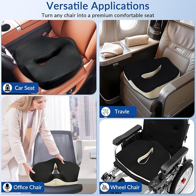 Ergonomic Memory Foam Seat Cushion for Office Chair, Extra Large Pad with U-Shaped Design for Pressure Relief, Coccyx Sciatica & Back Pain Relief, for Home, Car Long Sitting (Black)-DeskLoop Office