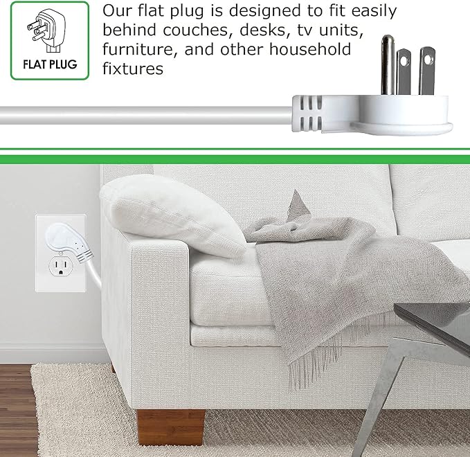 Digital Energy 15 FT 8 Outlet Surge Protector Power Strip - 15 AMP, 1875 W, 125 V, 350 J Surge Protection, ETL Listed - Flat Plug, White-DeskLoop Office