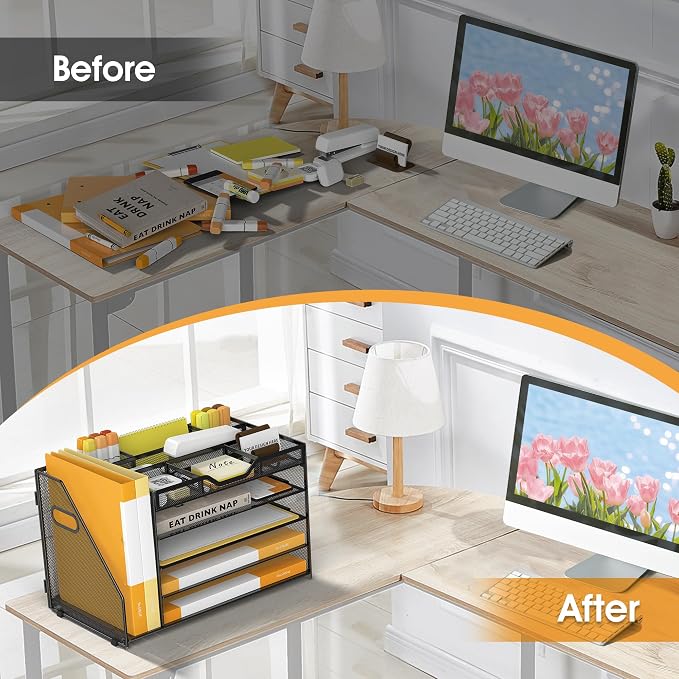 5 Tier Paper Letter Tray with File Holder and 3 Drop-in Pen Holders, Mesh Desk - Image 5