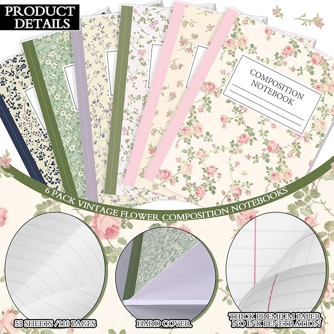 MotiMind 6 Pcs Pastel Wildflower Composition Notebook College Ruled Back to - Image 4
