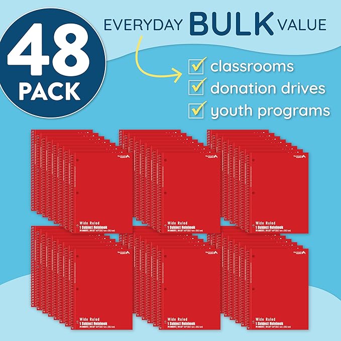 Blue Summit Red Wide Ruled Spiral Notebooks Bulk, 1 Subject Spiral Notebook Wide Ruled, Paper School Bulk Notebooks, 48 Pack-DeskLoop Office