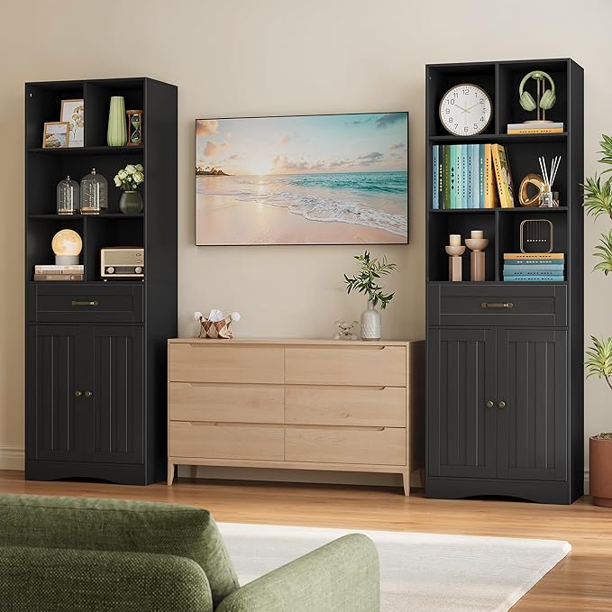 Gizoon 71'' Tall Storage Cabinet, Kitchen Pantry Cabinet with Doors & Drawers, Wooden Storage Organizer for Living Room, Office, Kitchen, with Adjustable Shelves, Anti-tip, Metal Handle, Black-DeskLoop Office