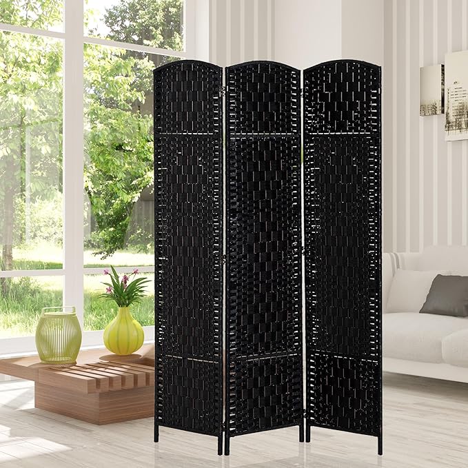 HOMCOM Room Divider, 3 Panel Folding Privacy Screen, 6FT Tall Portable Wicker Weave Partition Wall Divider for Bedroom, Home Office, Black-DeskLoop Office