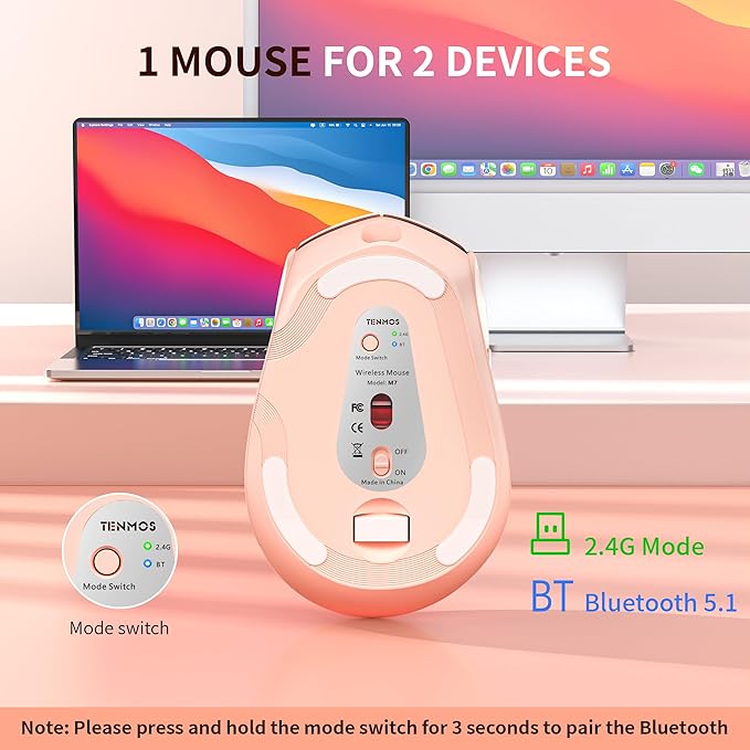 TENMOS M7 Bluetooth Mouse, Rechargeable Dual Mode BT5.1+ 2.4GHz USB Silent Wireless Bluetooth Mouse with Type C Adapter & Battery Indicator, Ergonomic Design for Laptop, iPad, MacBook - Light Pink-DeskLoop Office