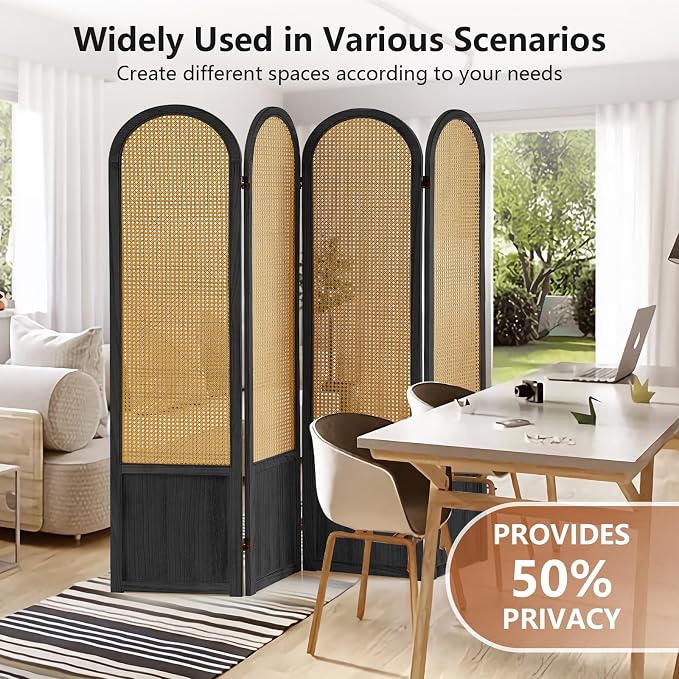 Asnefeli Room Divider 4 Panels, Folding Privacy Screen, Foldable Wood Rattan - Image 2