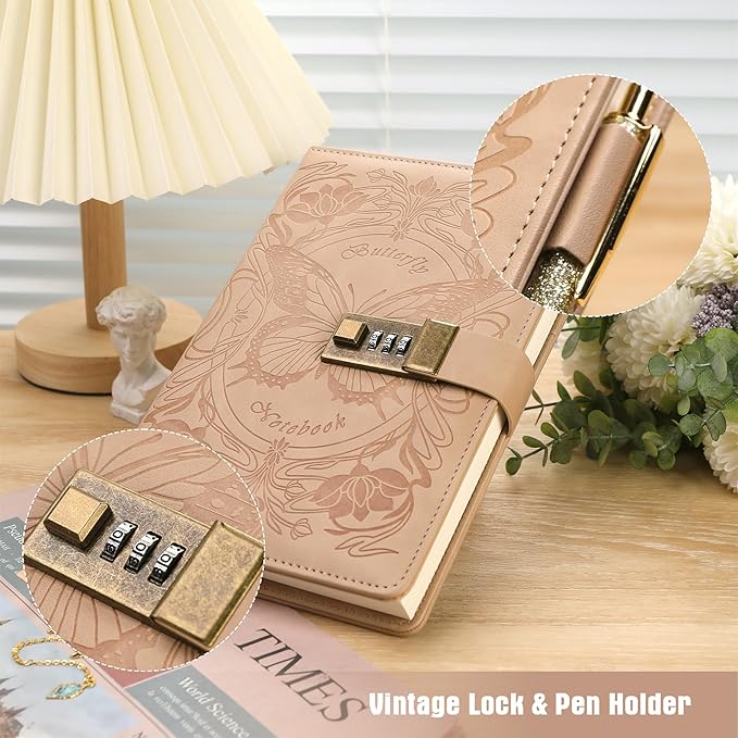 TIEFOSSI Diary with Lock for Women Girls, Lined Locked Journal, Butterfly Journal Notebook with Pen and Bookmark, A5 Refillable Locking Journals for Writing, 224 Numbered Pages-DeskLoop Office