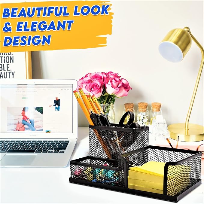 2 Pack 3 in 1 Mesh Pen Holder for Desk, 3 Compartments Pencil Holder Desk - Image 5