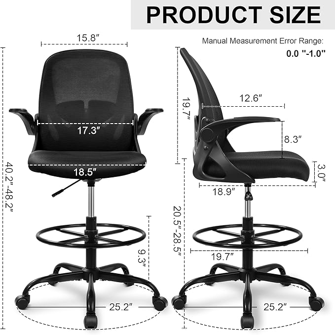 Primy Drafting Chair Tall Office Chair with Flip-up Armrests Executive Ergonomic Computer Standing Desk Chair with Lumbar Support and Adjustable Footrest Ring (Black)-DeskLoop Office