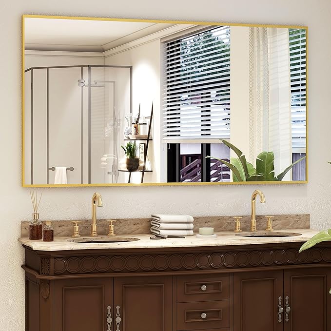 Full Length Mirror with Stand 34"x76" Full Body Mirror Floor Mirror Standing Hanging or Leaning Wall, Wall Mirror with Stand Aluminum Alloy Frame for Living Room Bedroom Cloakroom,Gold-DeskLoop Office
