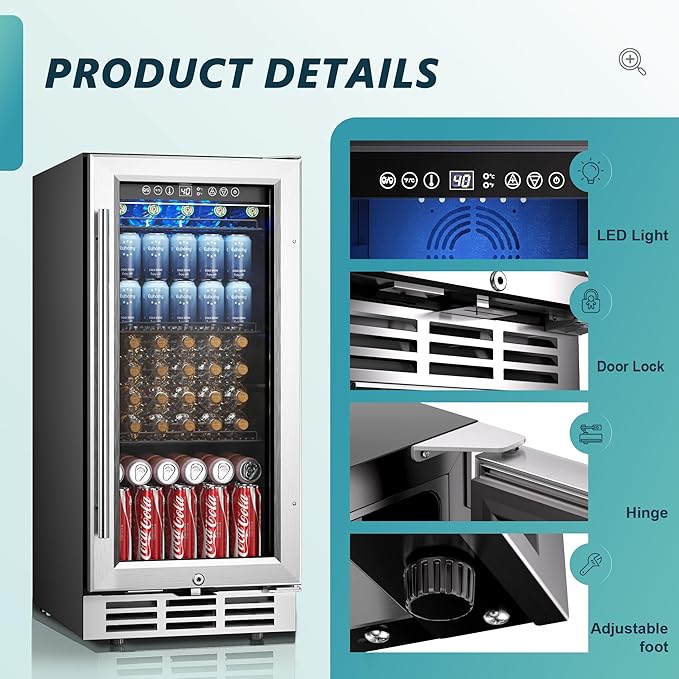 EUHOMY 15 Inch Beverage Refrigerator Cooler Under Counter 127 Cans Beverage Fridge Built-in or Freestanding with Glass Door, LED Light, Beer Fridge for Soda, Water, Wine - Home Kitchen Bar.-DeskLoop Office