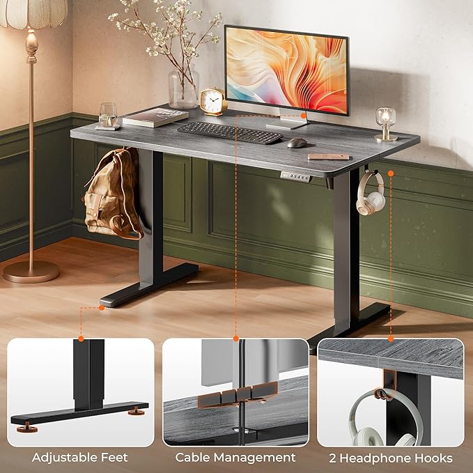 Huuger 48 x 28 Large Electric Standing Desk, Height Adjustable Desk, 27.6" Deep Desktop, Stand up Gaming, 2 Hooks, 3 Preset Heights, for Home Office, Grey-DeskLoop Office