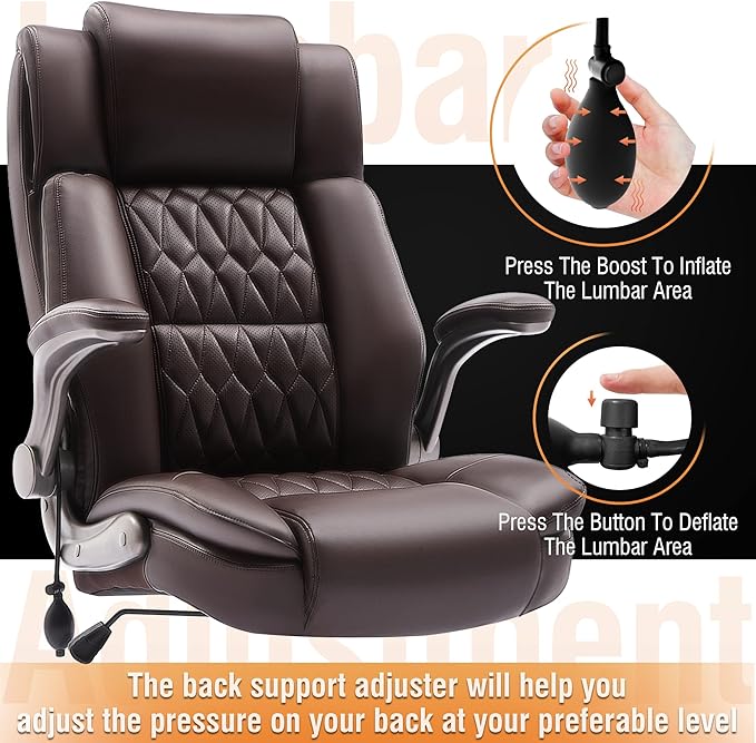 Large High Back Office Chair - Adjustable Lumbar Support Flip Up Arms Heavy Duty Quiet Wheels Metal Base Breathable Bonded Leather Ergonomic Executive Computer Desk Chair with Storage Bags, Brown-DeskLoop Office