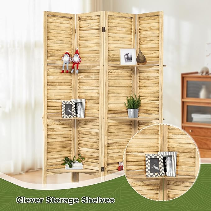 NicBex 4 Panel Room Divider,5.6FT Wood Carved Room Dividers with Display Shelves Folding Privacy Screens Portable Freestanding Partition Wall Dividers for Room Separation, Bedroom Office,Natural Wood-DeskLoop Office