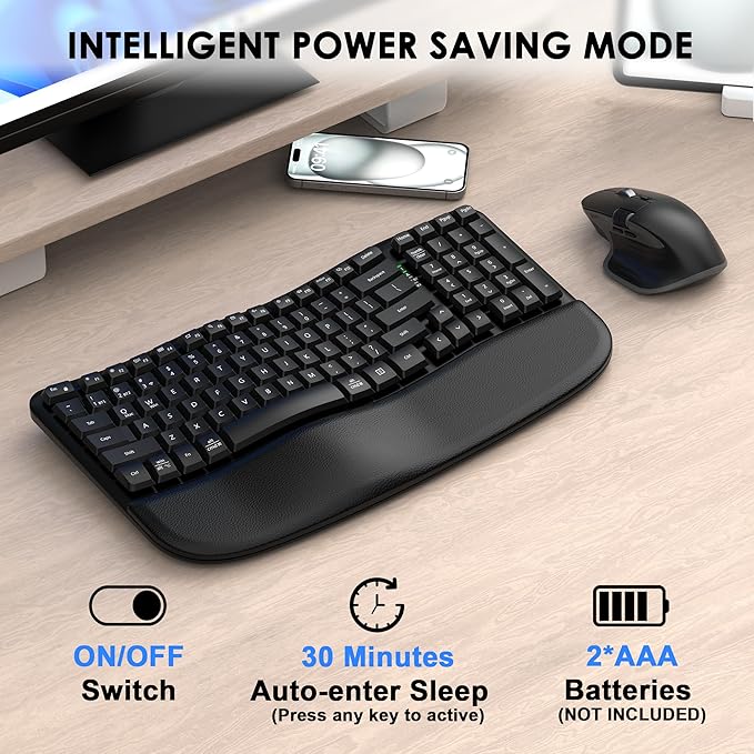 Ergonomic Keyboard and Mouse Combo, Bluetooth/2.4G Wireless Ergo Wave Curved Keyboard with Cushioned Palm Rest and 6 Levels DPI Adjustable Silent Mouse, Multi-Device for Windows/Mac/Android-DeskLoop Office