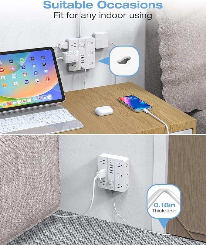 Flat Plug Power Strip, AOFO Surge Protector Flat Extension Cord with 12 AC Outlets and 6 USB(2 USB-C) Ports,Multiple Outlet Wall Plug 5FT Extension Cord for Home Office, Dorm Room Essentials-DeskLoop Office