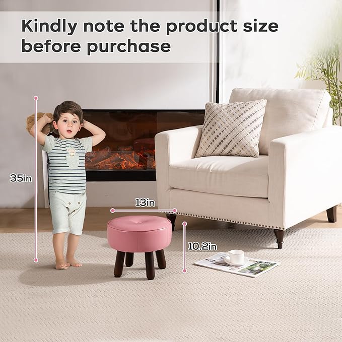 Small Foot Stool Round Pouf Ottoman, 13'' Leather Foot Rest with Non-Skid Rubber Legs, Foolstool Ottomans for Couch, Sofa Footrest Step Stool for Living Room Bedroom Entryway Office, Pink-DeskLoop Office