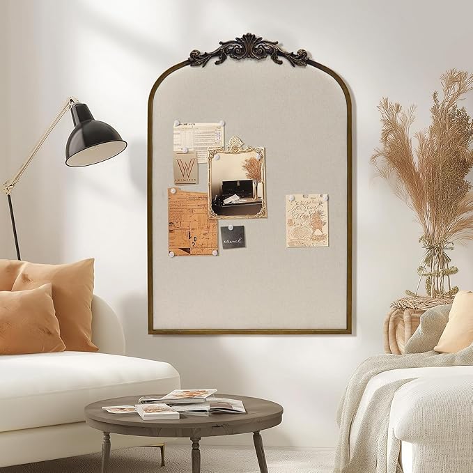 Arch Fabric Pinboard, Antique Gold Bulletin Boards 24"x36", Vintage Cork Board with Ornate Iron Frame for Wall Unique Display, Organization and Decor Options-DeskLoop Office