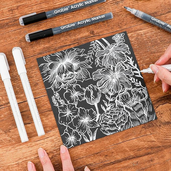 Grabie Black & White Extra Fine Tip Acrylic Paint Marker Set, 6 Pack, 0.7mm Acrylic Paint Pens for Highlights and Fine Details on Drawings, Rock Painting Glass Canvas Wood, White Highlight Markers-DeskLoop Office