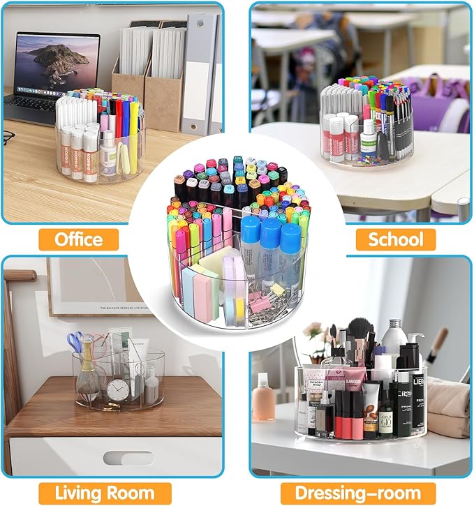 Acrylic Pen Holder, 2 Pack 360 Rotating Organizer With 6 Compartments, Desk Office Storage for 800 Pens, Markers, Crayons and Art Supplies-DeskLoop Office