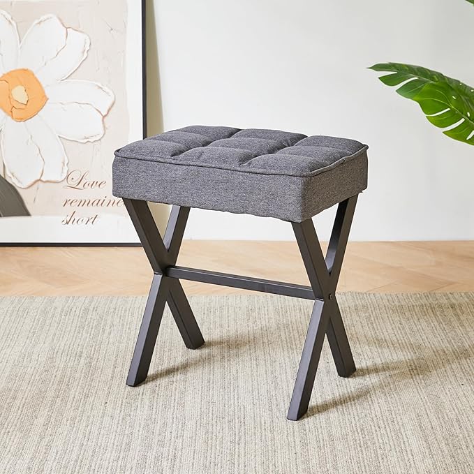 IBUYKE Square Makeup Stool with X-Leg Foot Rest, Linen Footrest, Ottoman Seat, Multi-Use as Small Side Table, for Bedroom, Living Room, Dark Gray LG-70G-DeskLoop Office
