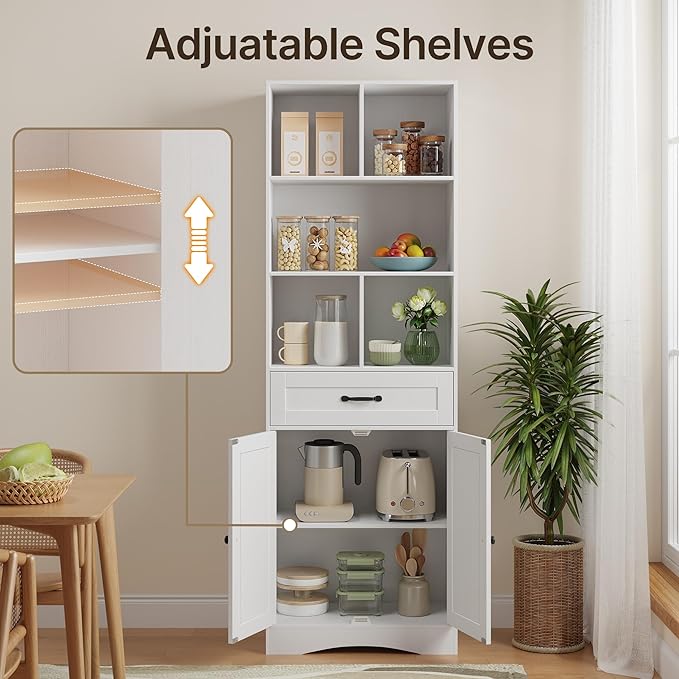Gizoon Storage Cabinet, 71'' H Kitchen Storage Cabinet with Doors & Drawers, Kitchen Pantry with Adjustable Shelves, Anti-tip, Metal Handle, for Living Room, Office, Bathroom, White-DeskLoop Office