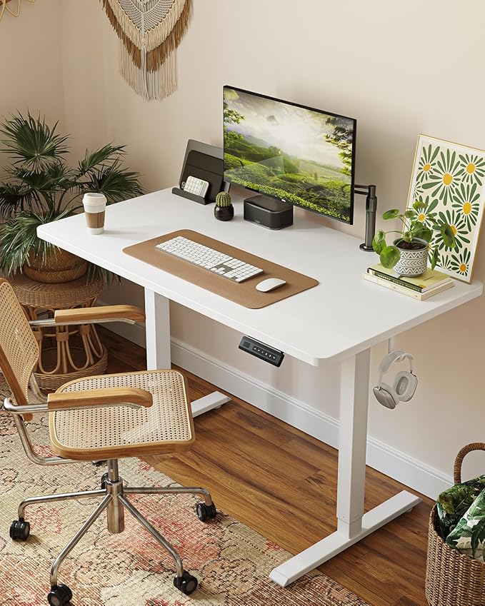FEZIBO One-Piece Standing Desk Adjustable Height Stand up Home Office Desk, 32x24 Inch Electric Standing Computer Desk, with 4 Memory Presets, Fixable casters, White-DeskLoop Office