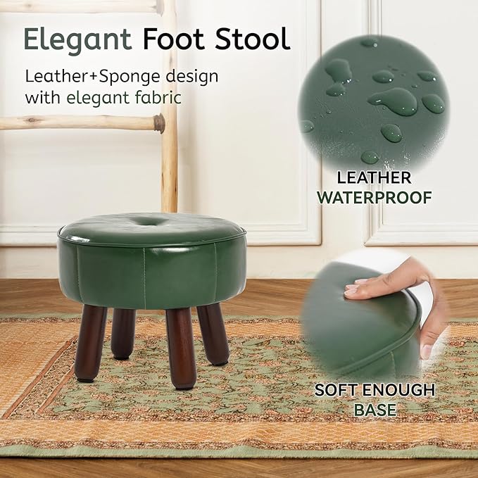 13in Small Foot Stool Ottoman, Round Faux Leather Foot Rest for Couch, Under Desk Pouf Footstool Footrest with Non-Skid Rubber Legs for Ling Room, Bedroom, 13''L x 13''W x 10.2''H, Green-DeskLoop Office