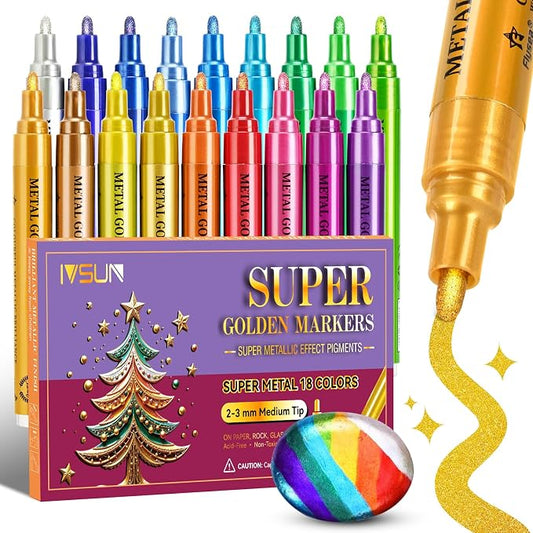 IVSUN Super Golden Metallic Markers, 18 Colors Glitter Acrylic Paint Pens by IVSUN