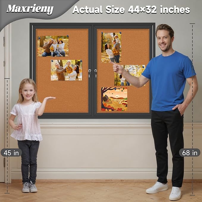 Enclosed Bulletin Board Lockable,Double-Door Weatherproof Outdoor Noticeboard with Locking Door, Wall-Mounted Aluminum Framed Presentation Board, 44x32 Inch (8xA4)-DeskLoop Office