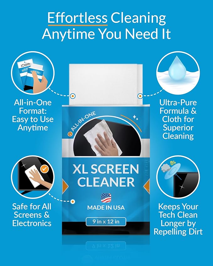 iCloth XL Screen Cleaning Wipes, Lint-Free and Streak-Free, Fast-Drying, Removes Dust, Fingerprints, and Smudges (60 XL Wipes)