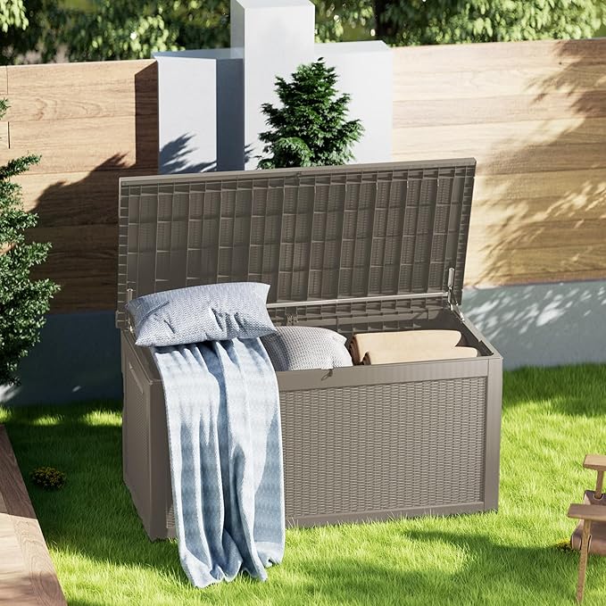 320 Gallon Lockable Resin Deck Box, Waterproof & UV-Resistant Outdoor Storage Box for Outdoor Cushion Storage, Garden Tools & Pool Accessories Storage, Gray-DeskLoop Office