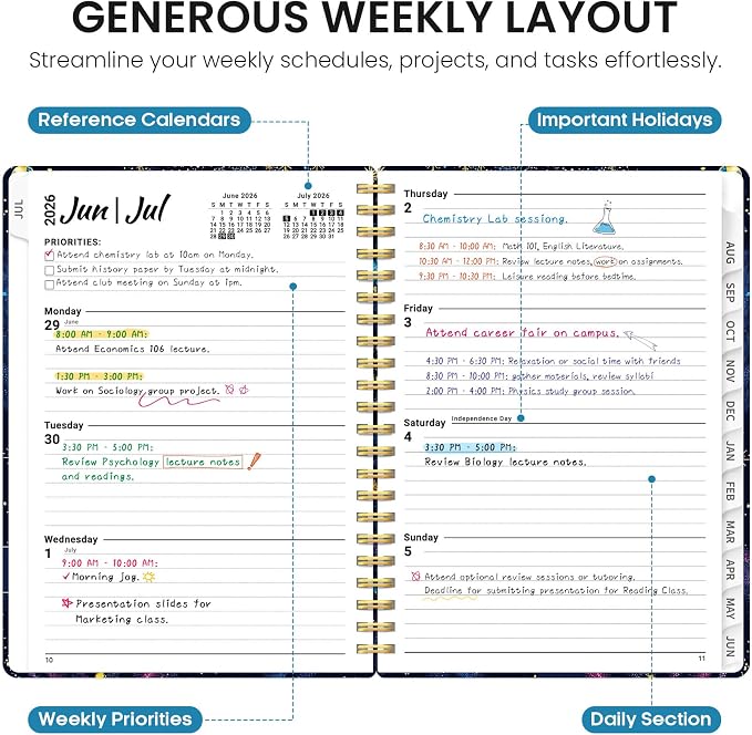Planner 2026–2027, Academic Monthly Weekly Spiral Calendar, July 2026 – June - Image 3