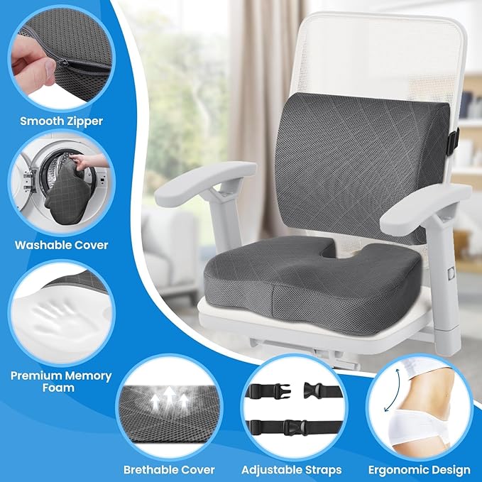 TushGuard Office Chair Cushions with Handles, Back&Seat Cushion, Sciatica & Back Coccyx Tailbone Discomfort Easing Chair Pad, Memory Foam Lumbar Support Pillow for Gaming, Desk, Car (Grey, X-Large)-DeskLoop Office