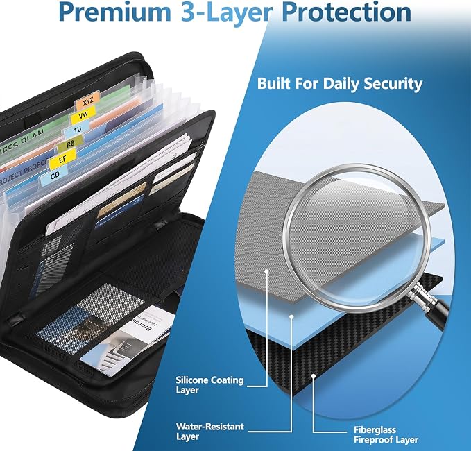 Fireproof Accordion File Organizer Bag A4 13 Pockets Expandable Document Folder - Image 3