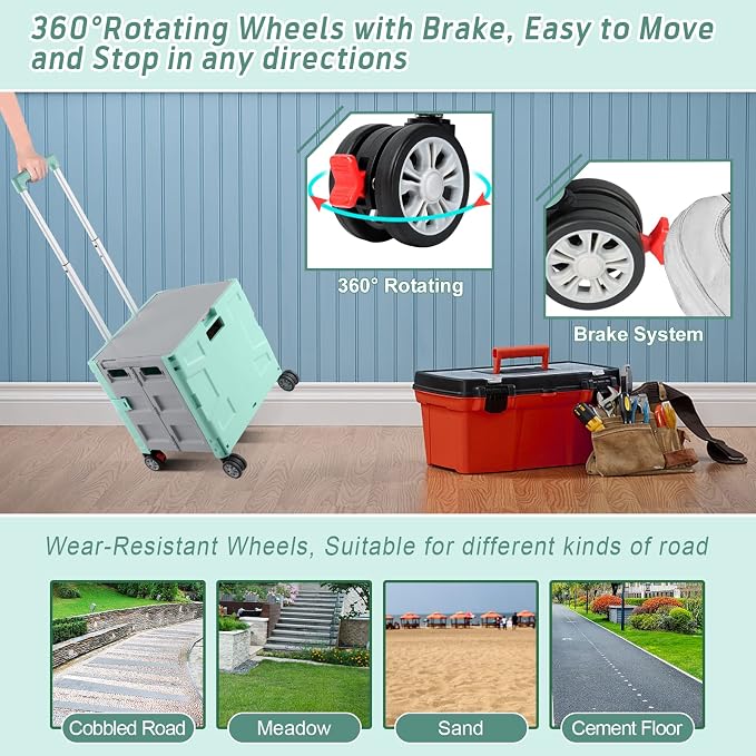 FELICON Folding Utility Cart Rolling Crate Handcart Basket Tote-Green+Gray | - Image 5